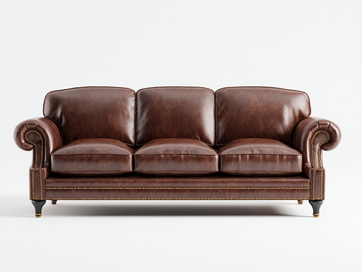 Canapé 3 places - cuir - bois - 231x91x80 cm - marron acajou - style classique clouté