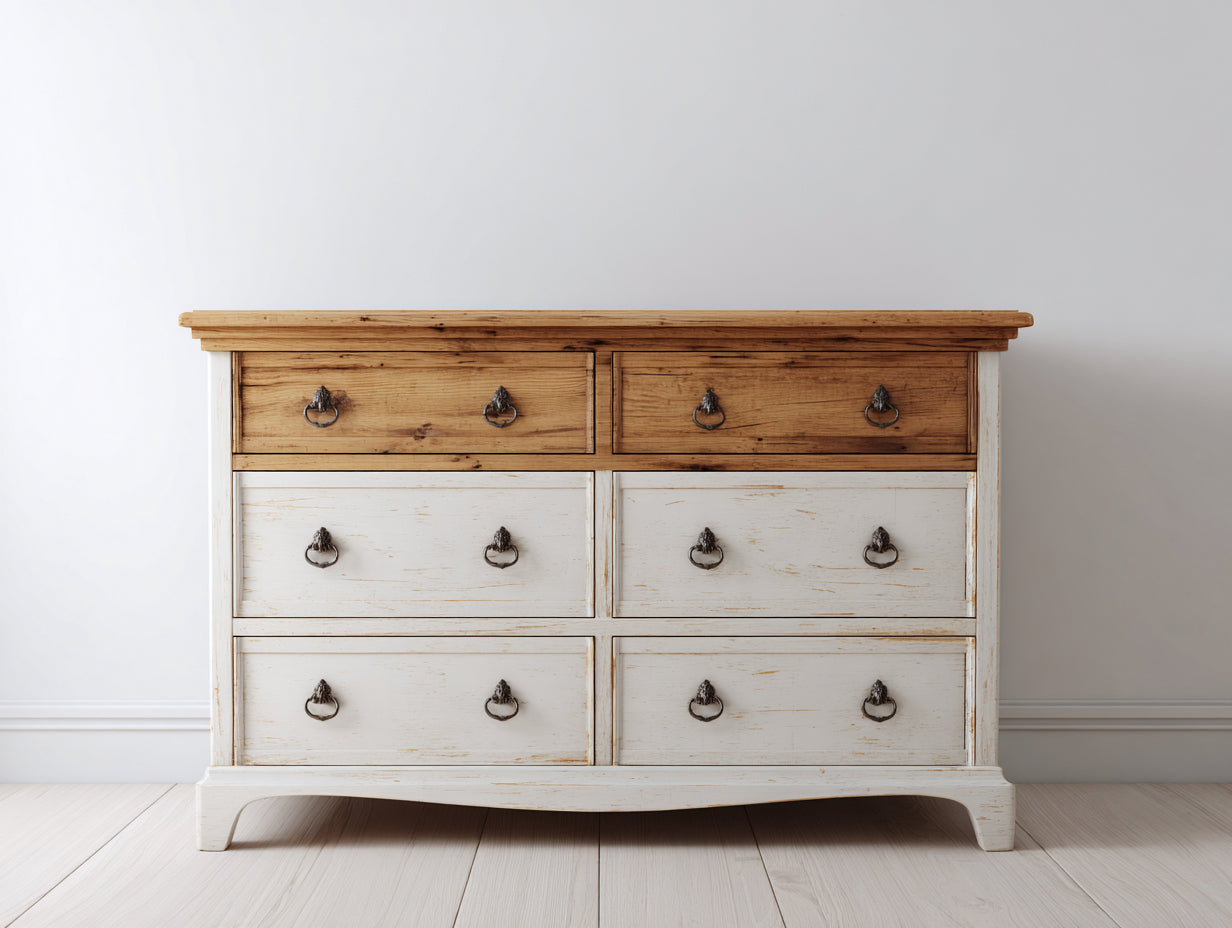 Commode - bois-métal - 126x45x88 cm - blanc patiné-bois naturel - style campagne
