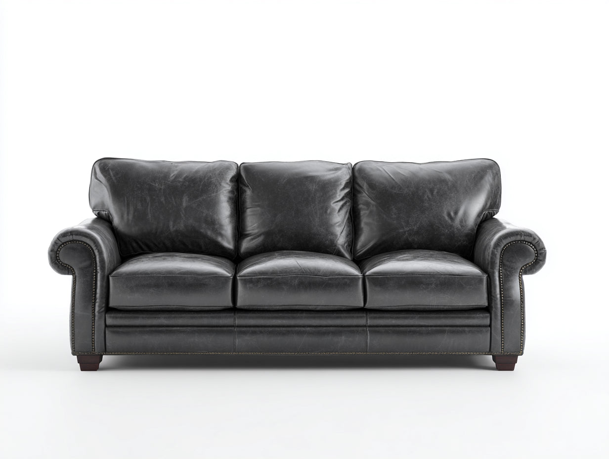 Canapé 3 places - cuir - 226x91x81 cm - noir - style classique à accoudoirs roulés