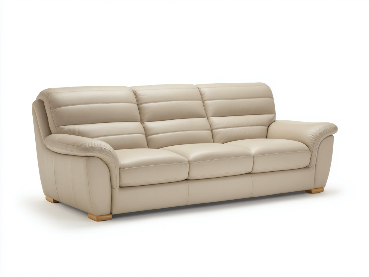 Canapé 3 places - cuir - 222x92x81 cm - beige - style contemporain coussiné
