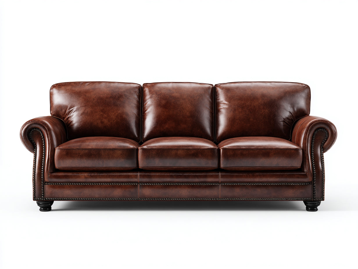 Canapé 3 places - cuir - bois - 228x92x80 cm - marron foncé - style classique clouté