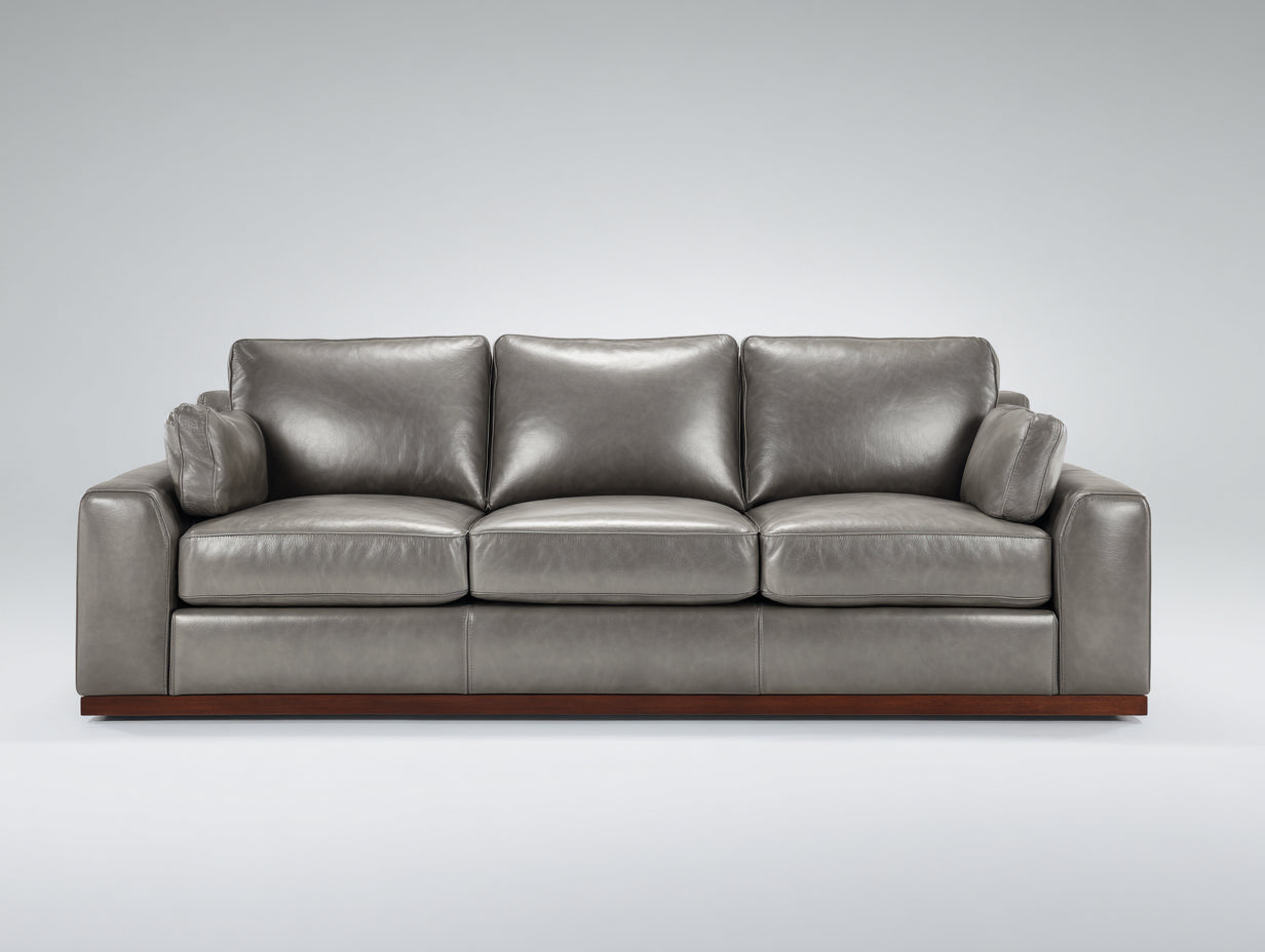 Canapé 3 places - cuir - 232x93x82 cm - gris pierre - style contemporain à base bois