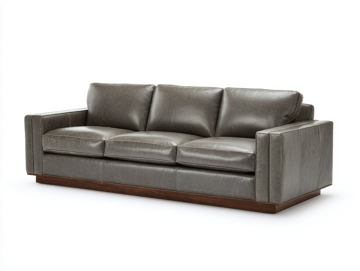 Canapé 3 places - cuir - bois - 236x96x81 cm - gris olive-bois foncé - style contemporain rectiligne