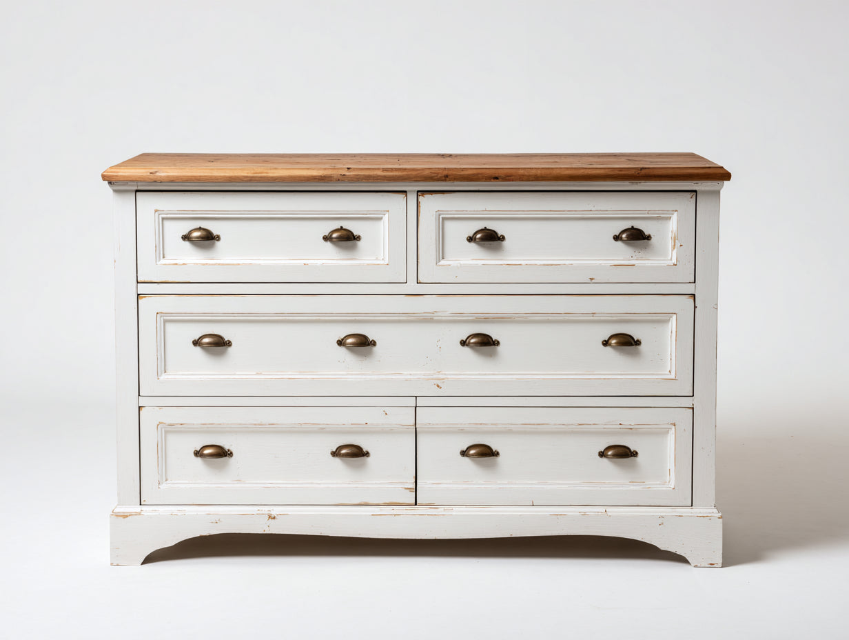 Commode - bois-métal - 134x45x87 cm - blanc patiné-bois naturel - style campagne