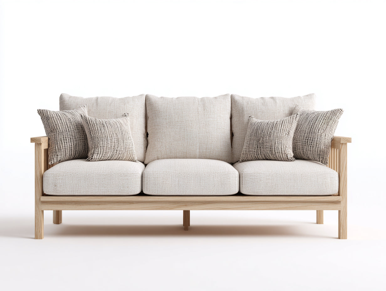 Canapé 3 places - bois - tissu - 212x82x78 cm - beige clair-bois naturel - style scandinave minimaliste