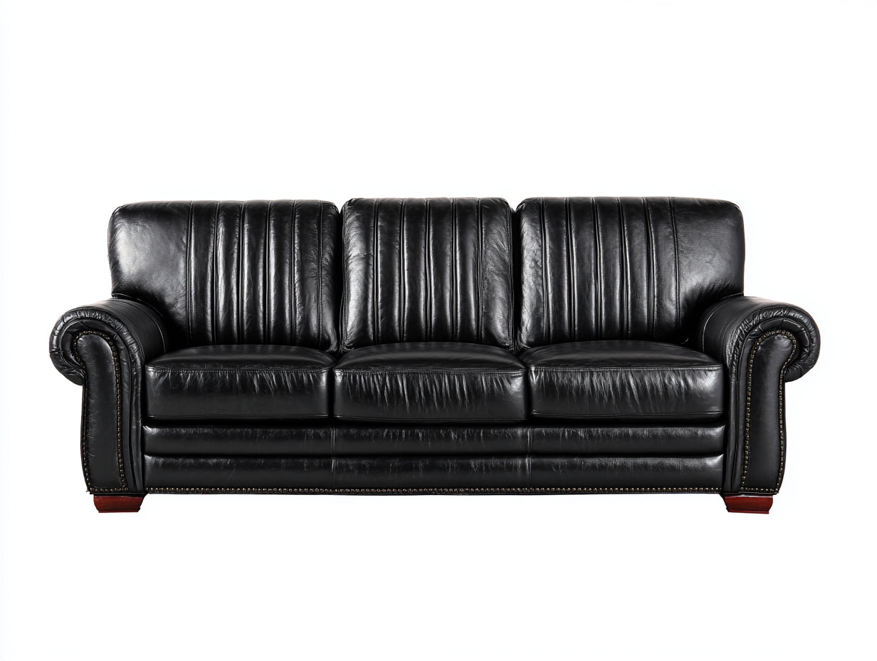 Canapé 3 places - cuir - 224x89x80 cm - noir - style vintage à dossier rainuré
