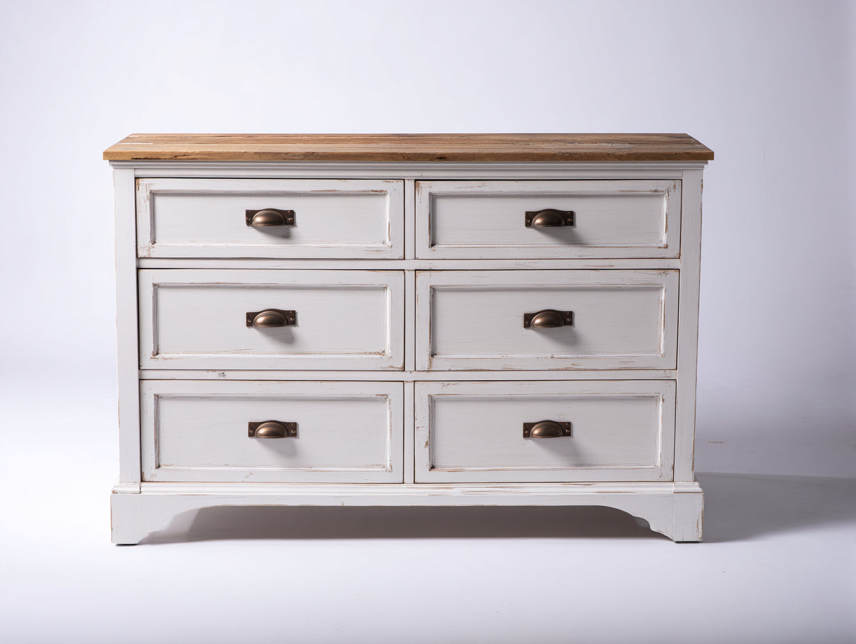 Commode - bois-métal - 130x44x86 cm - blanc patiné-bois naturel - style campagne