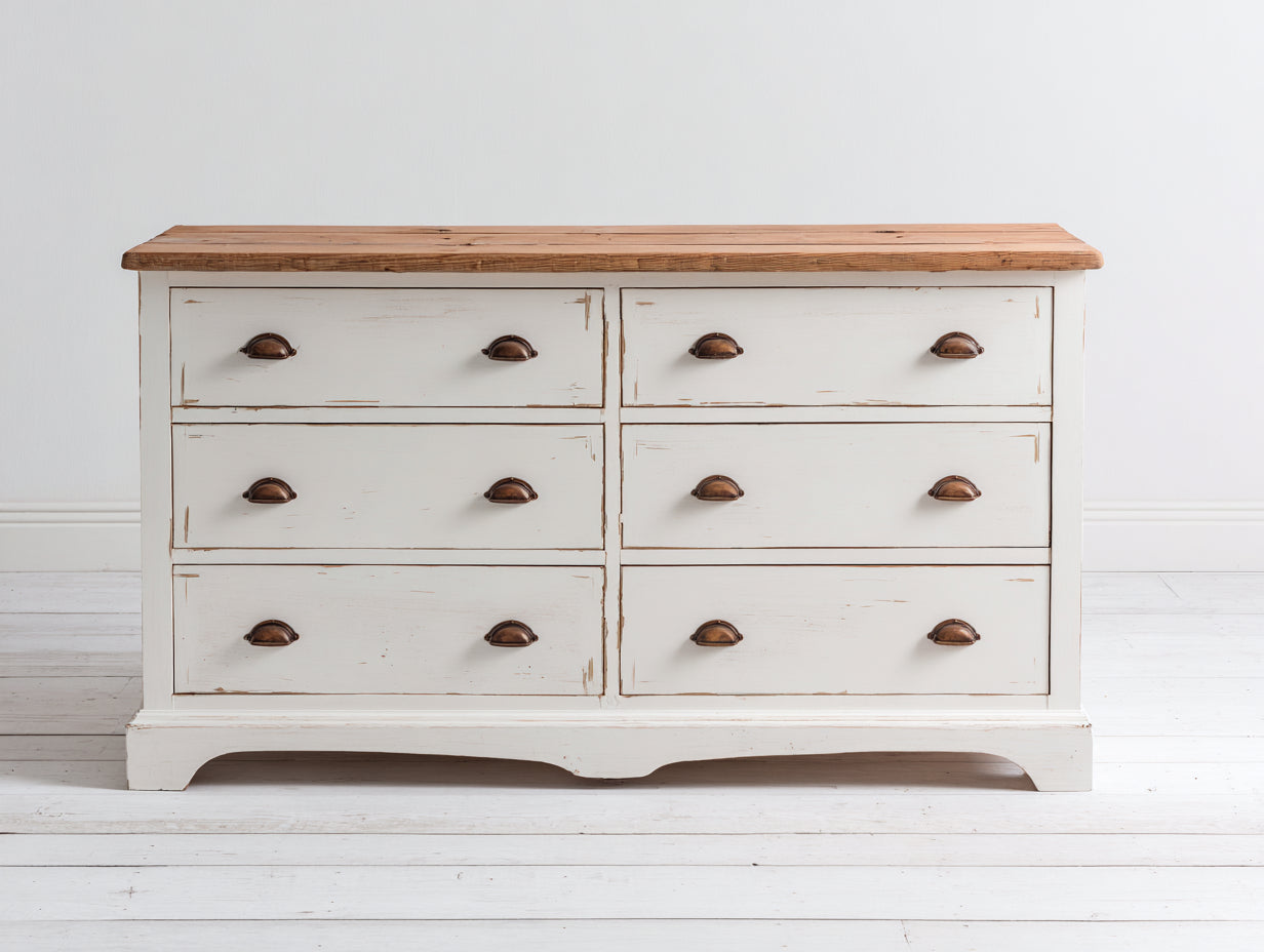 Commode - bois-métal - 136x44x85 cm - blanc patiné-bois naturel - style campagne
