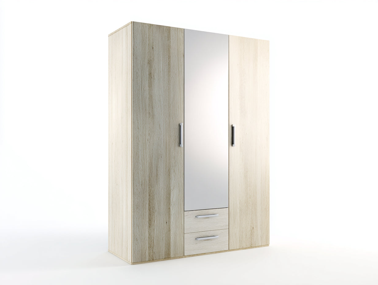 Armoire - MDF-miroir-métal - 150x54x190 cm - chêne clair-blanc-argenté - style moderne